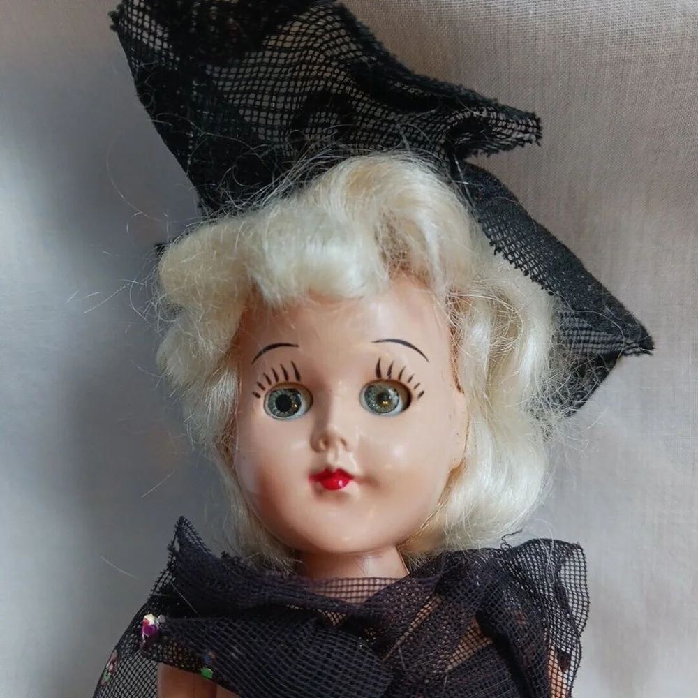 Vintage Open Shut Eye Doll Black Dress Blonde Hair